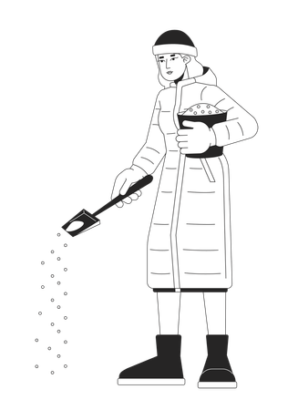Ropa de abrigo mujer tratando hielo en la acera  Ilustración