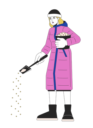 Ropa de abrigo mujer tratando hielo en la acera  Ilustración