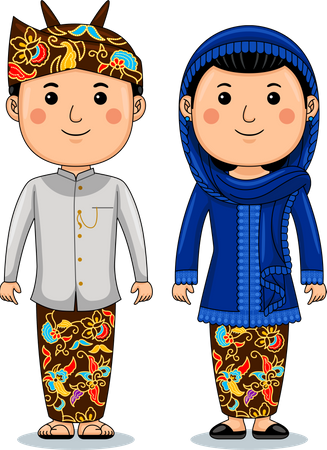 La pareja usa tela tradicional de Java Oriental  Ilustración
