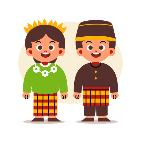 Una pareja viste ropa tradicional indonesia de Sulawesi del Sur  Ilustración