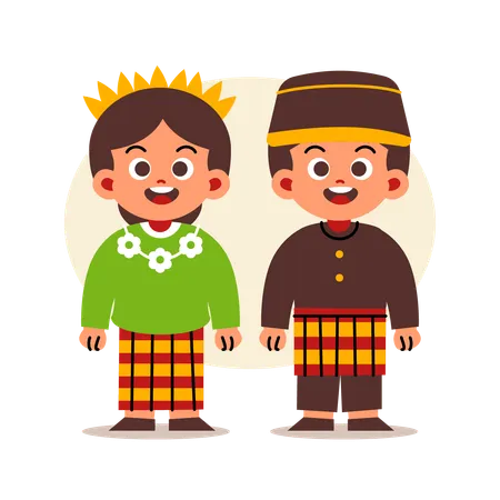 Una pareja viste ropa tradicional indonesia de Sulawesi del Sur  Ilustración