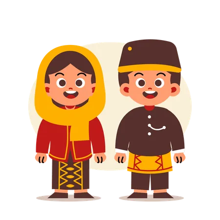 Una pareja usa ropa tradicional indonesia de Yakarta  Ilustración