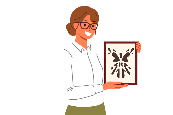 Rorschach test in hands of woman psychotherapist want to find out psychological state patient  Illustration