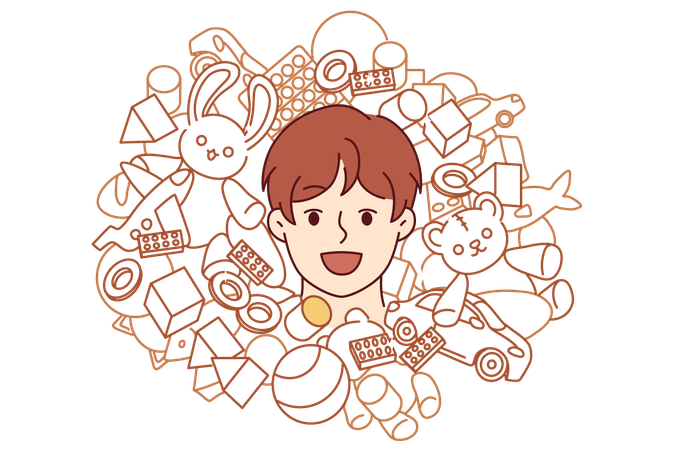 Rosto de adolescente entre brinquedos e construtor para entretenimento  Ilustração