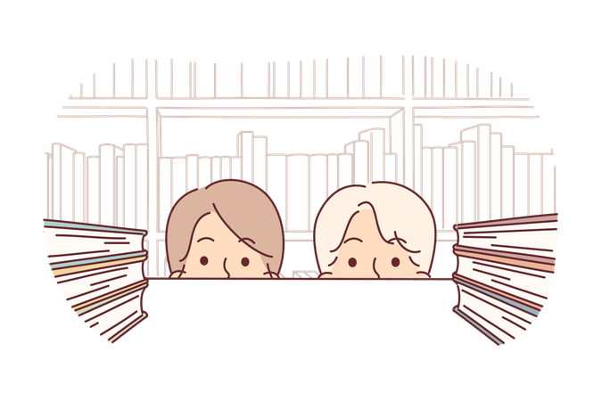 Rostros de estudiantes cerca de estantes con libros en biblioteca o librería con literatura educativa  Ilustración