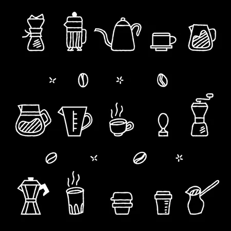 大まかなアウトラインのコーヒー手動醸造ツールグラフィックコレクション  イラスト