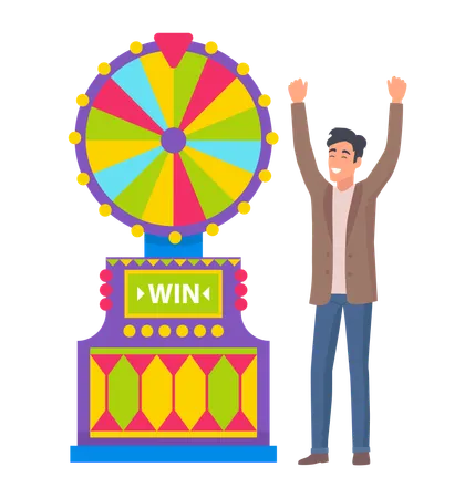Winner Man Rising Hands Success Or Fortune Colorful Gambling Wheel Lucky Play Casino Game Machine And Smiling Gambler Roulette Equipment Vector Illustration