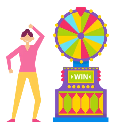 Gambler Happy Of Victory Vector Isolated Fortune Wheel With Slots And Pointer Character Dancing And Expressing Emotions Winner Of Money Gambling Flat Cartoon Illustration