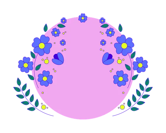 春の花、葉、枝に囲まれた丸いピンクの形  イラスト