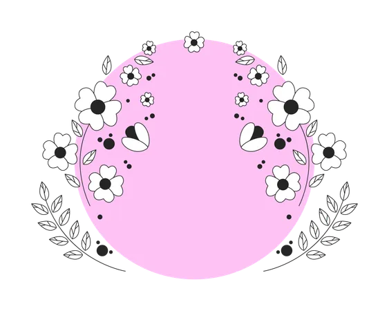 Round pink shape surrounded by spring flowers leaves branches  Illustration