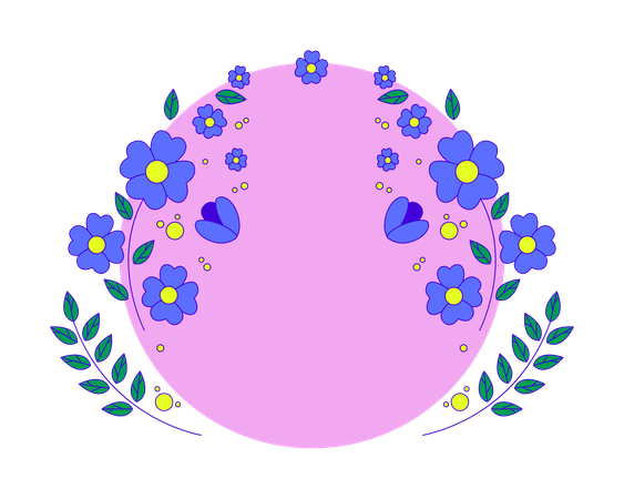 Round pink shape surrounded by spring flowers leaves branches  Illustration