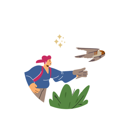 Round shape with smiling woman extends gloved hand to flying falcon  Illustration