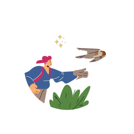 Round shape with smiling woman extends gloved hand to flying falcon  Illustration