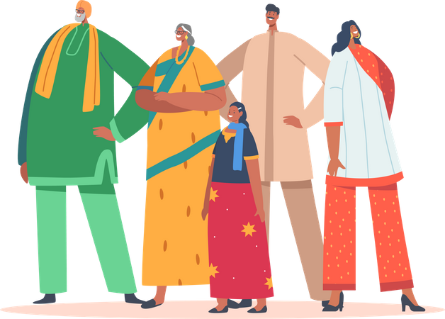 Família indiana usa roupas tradicionais  Ilustração