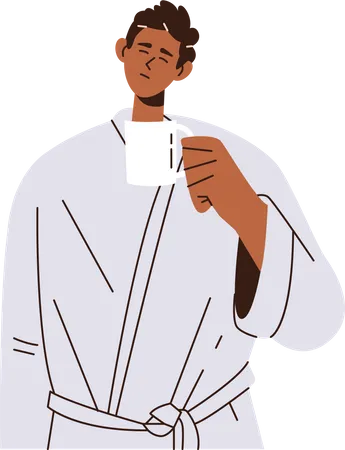 Roupão de jovem com uma xícara de café quente  Ilustração