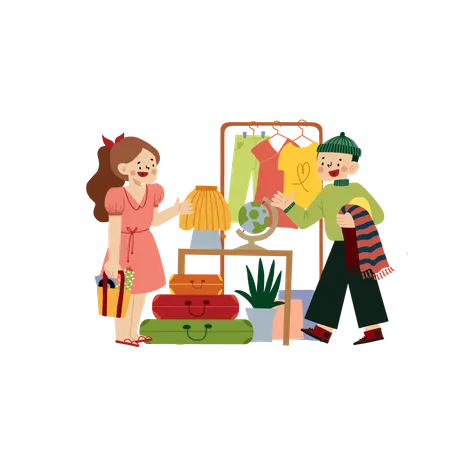 Menina e menino comprando roupas de venda  Ilustração