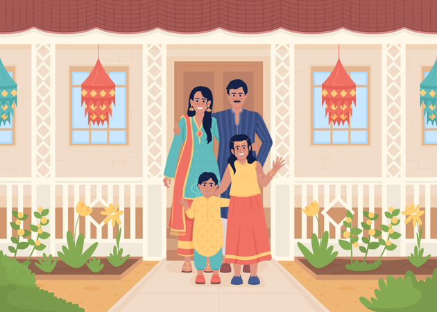 Família vestindo roupas étnicas indianas  Ilustração