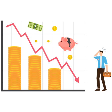 事業損失と金融不況を示す矢印グラフ  イラスト