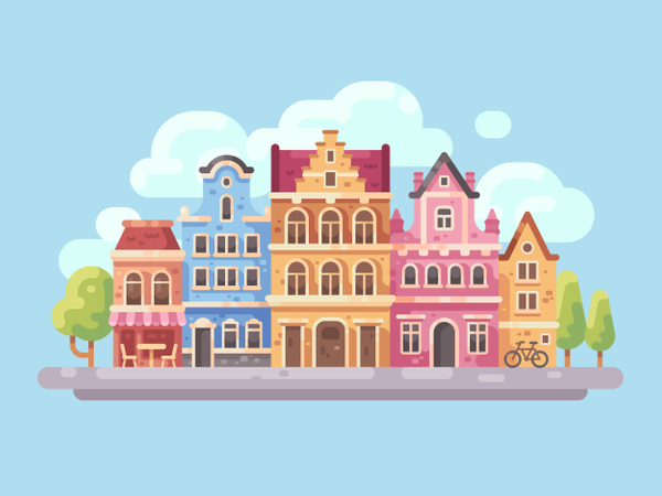 Rua brilhante da cidade com edifícios antigos e café  Ilustração