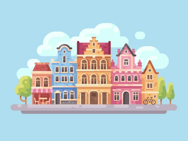 Rua brilhante da cidade com edifícios antigos e café  Ilustração
