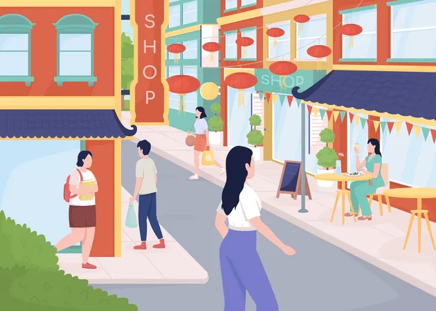 Rua movimentada em chinatown  Ilustração