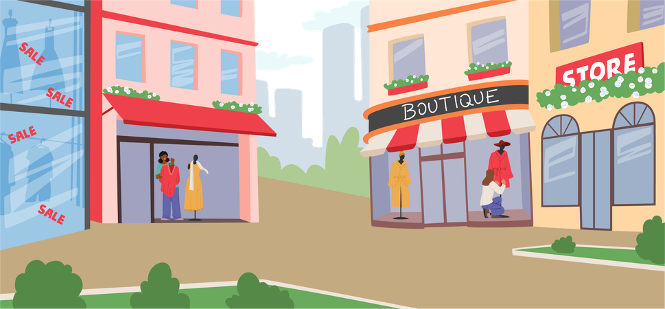 Rue de la ville avec des boutiques, des marchés et des bâtiments au bord de la route  Illustration