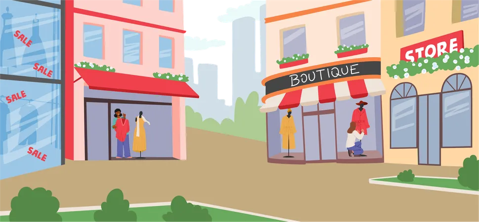 Rue de la ville avec des boutiques, des marchés et des bâtiments au bord de la route  Illustration