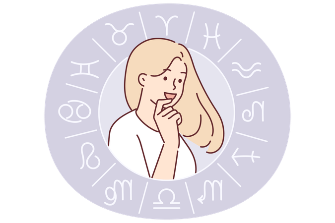 Rueda con signos del zodíaco alrededor de una mujer joven contemplando la predicción astrológica  Ilustración