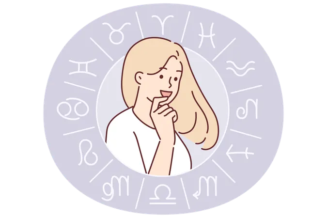 Rueda con signos del zodíaco alrededor de una mujer joven contemplando la predicción astrológica  Ilustración
