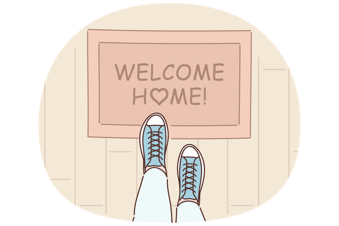 Rug with inscription welcome home on threshold near entrance to apartment and feet of man in boots  Illustration