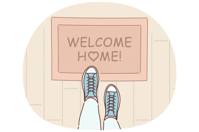 Rug with inscription welcome home on threshold near entrance to apartment and feet of man in boots  Illustration