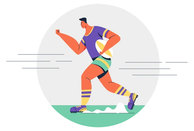Athlete Rugby Man Carrying Rugby Ball Running While Competition In Cartoon Character Vector Illustration Illustration