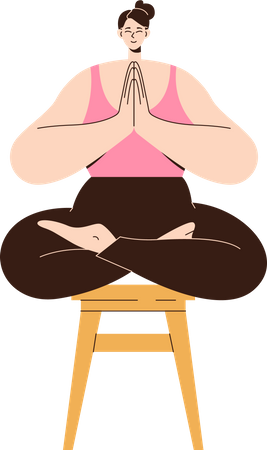 Ruhige Frau auf einem Hocker meditiert mit gekreuzten Beinen und gefalteten Händen in Namaste-Position  Illustration