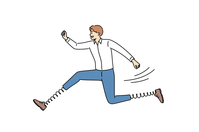 Running Business Man With Springs Instead Legs Is In Hurry To Complete Manager Task In Order To Climb Career Ladder Ambitious Office Clerk Strives To Achieve Career Success Jumping On Sky Background Illustration