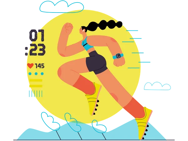 Runner Sprint Run Track And Field Athlete Flat Vector Concept Illustration Of A Young Woman Wearing Boots Running At The Sadium Healthy Activity And Lifestyle Park Trees Hills Landscape イラスト
