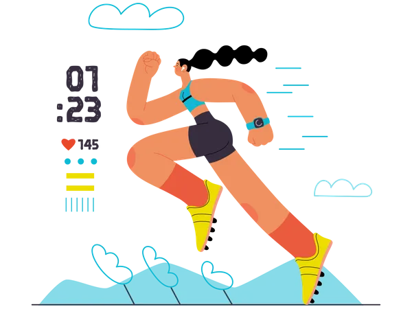 Runner Sprint Run Track And Field Athlete Flat Vector Concept Illustration Of A Young Woman Wearing Boots Running At The Sadium Healthy Activity Lifestyle Park Trees Hills Landscape At Dawn Illustration