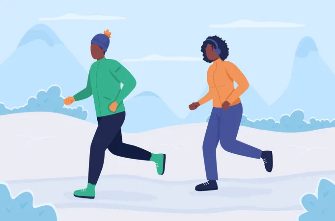 Running During Wintertime Flat Color Vector Illustration People Training Together During Cold Weather Couple Exercising Together 2 D Cartoon Characters With Wintry Landscape On Background Illustration