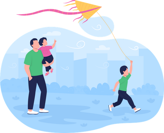 Running flying kite with children  Illustration