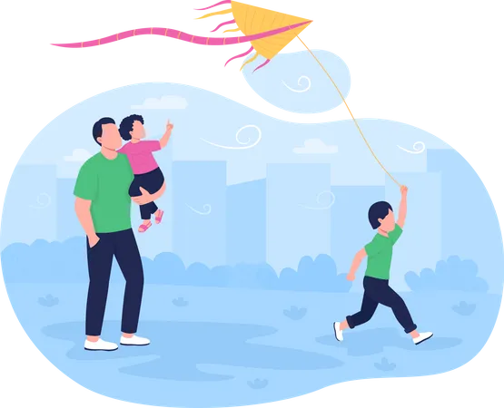 Running flying kite with children  Illustration