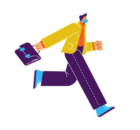 Running man in facial mask with briefcase  Illustration
