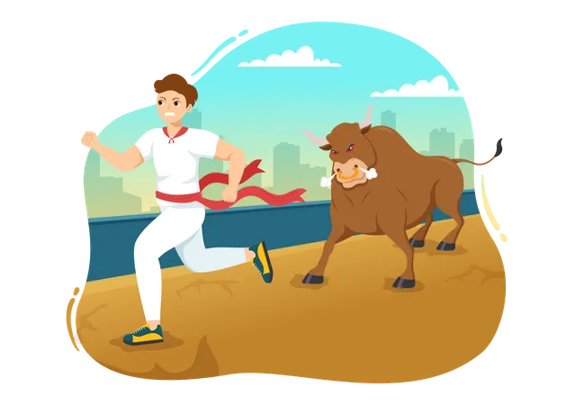 Running Of The Bulls Illustration With Bullfighting Show In Arena In Flat Cartoon Hand Drawn For Web Banner Or Landing Page Template Illustration