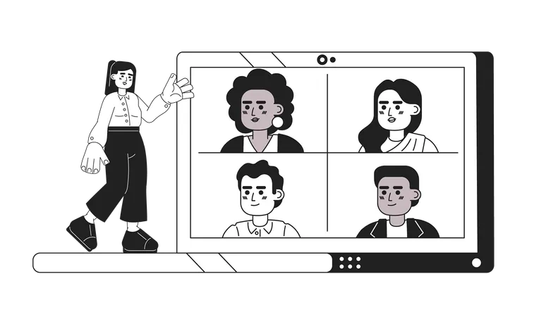 Running Online Meeting Black And White 2 D Illustration Concept Caucasian Woman Hosting International Conference Call Isolated Cartoon Outline Characters Videocall Metaphor Monochrome Vector Art Illustration