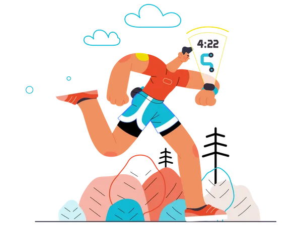 Runner Cross Country Race Flat Vector Concept Illustration Of A Young Man Wearing T Shirt And Blue Shorts Running Outside Healthy Activity And Lifestyle Park Trees Hills Landscape At Dawn Illustration
