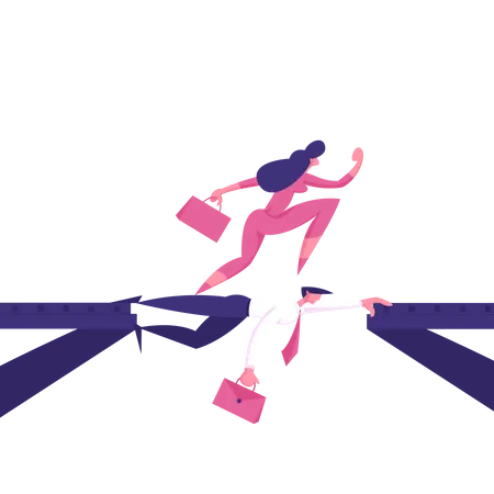 Strongest Will Survive Concept Businesswoman Careerist Walk On Head Of Colleague Stop At Nothing Business Woman Overcome Abyss By Back Of Businessman Like Bridge Cartoon Flat Vector Illustration Illustration