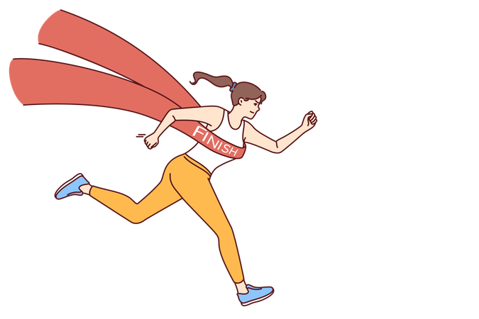 Running woman athlete with finishing tape symbolizes victory in marathon  Illustration