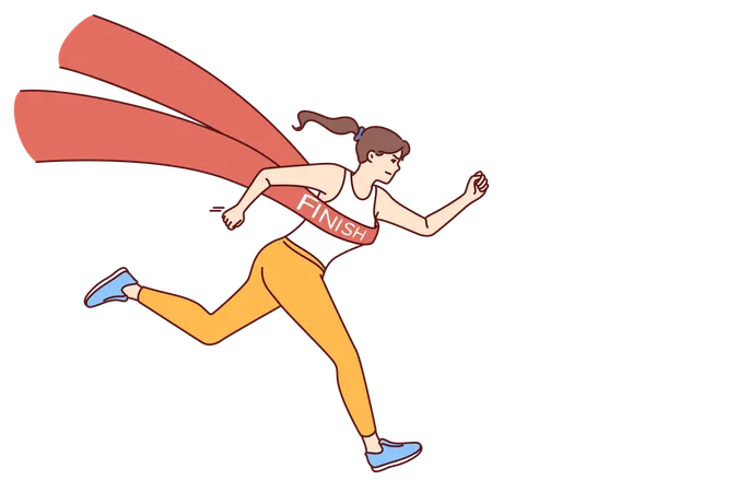 Running Woman Athlete With Finishing Tape Symbolizes Victory In Marathon Or Mass Sports Competition Running Girl With Determined Emotions Wins Championship Or Sets New Speed Record Illustration