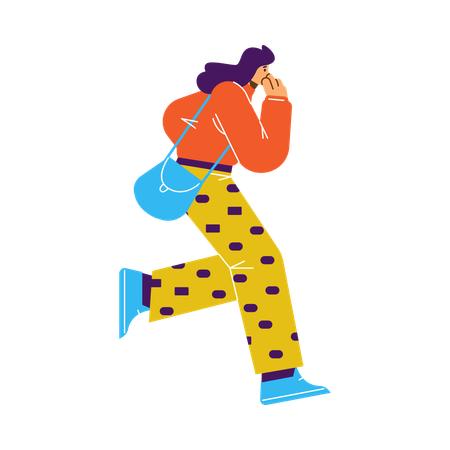 Running woman covers mouth and nose with hand  Illustration
