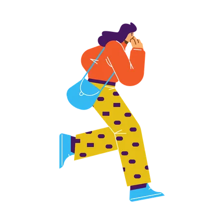 Running woman covers mouth and nose with hand  Illustration