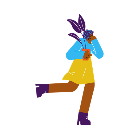 Running woman holding flower in pot covers mouth and nose with hand  Illustration