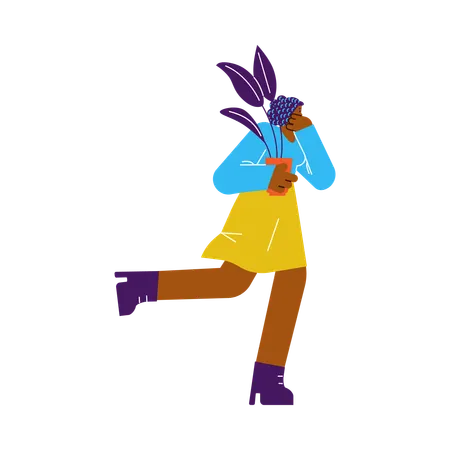 Running woman holding flower in pot covers mouth and nose with hand  Illustration